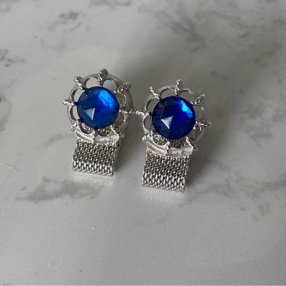 Vintage Swank Chain Mesh Blue Crystal Cufflinks-Silver Tone